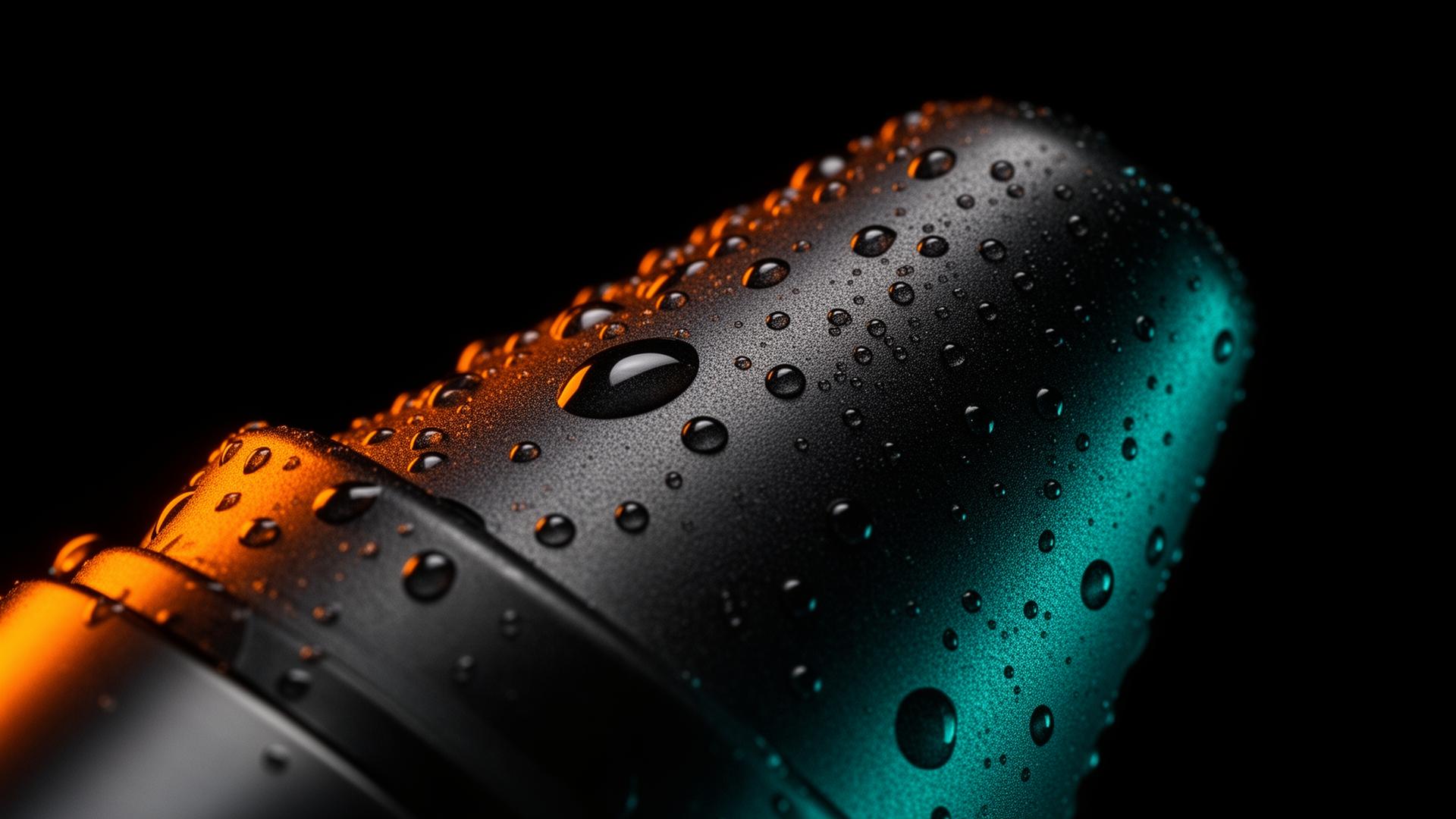 Macro close-up of premium matte black APEX FLOW bottle with water droplets and orange-teal cinematic lighting